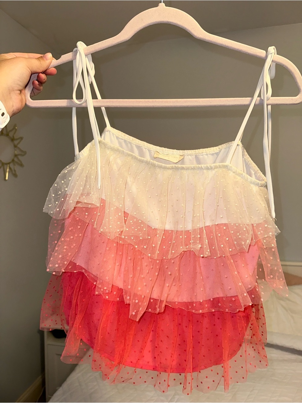 Altar’d State Tank Tiered Tulle Polka Dot Ruffle Camisole in White and Pink
